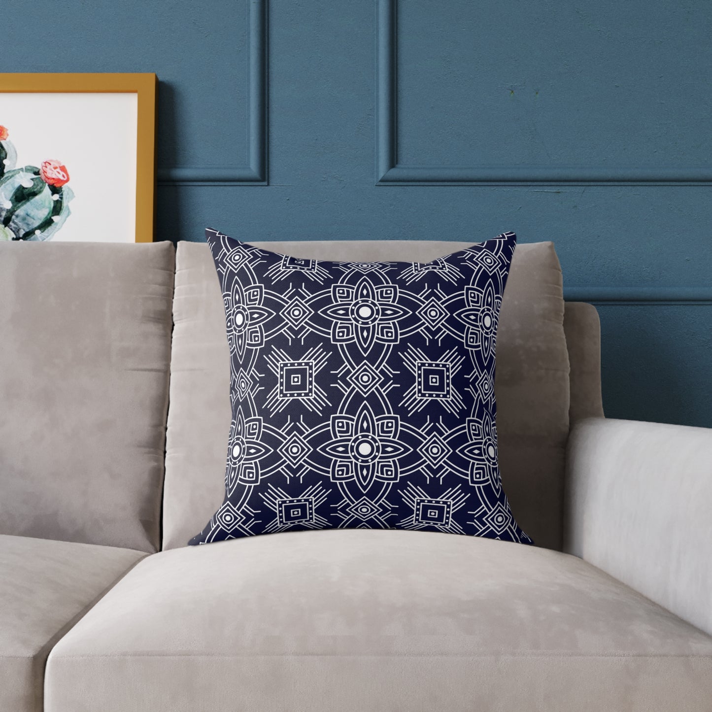Navy White Geometric Mandala Square Pillow | Blue Pattern Throw Pillow