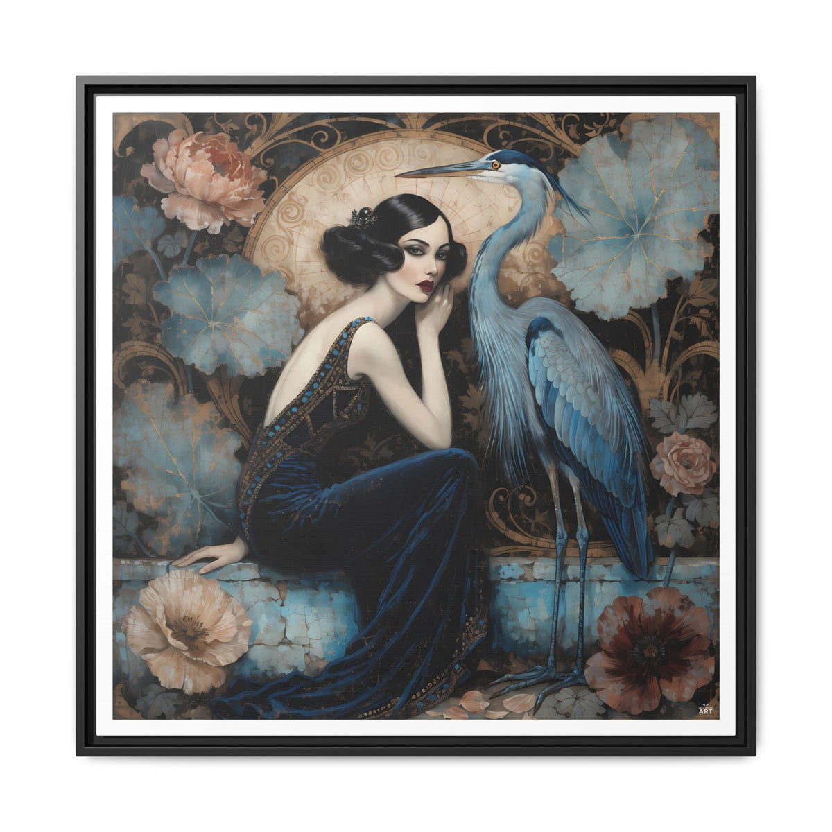 Art Deco Lady with Blue Heron Framed Canvas Wall Art