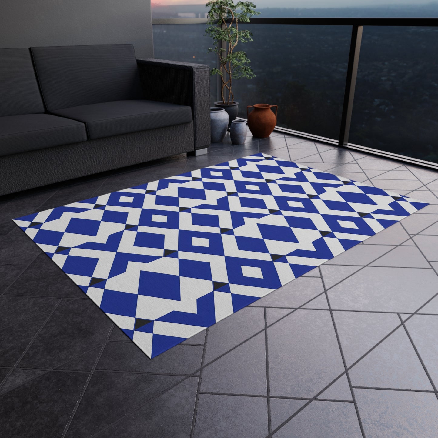 Blue Geometric Diamond Pattern Outdoor/Indoor Rug | Patio Mat, Modern Navy Black White Design