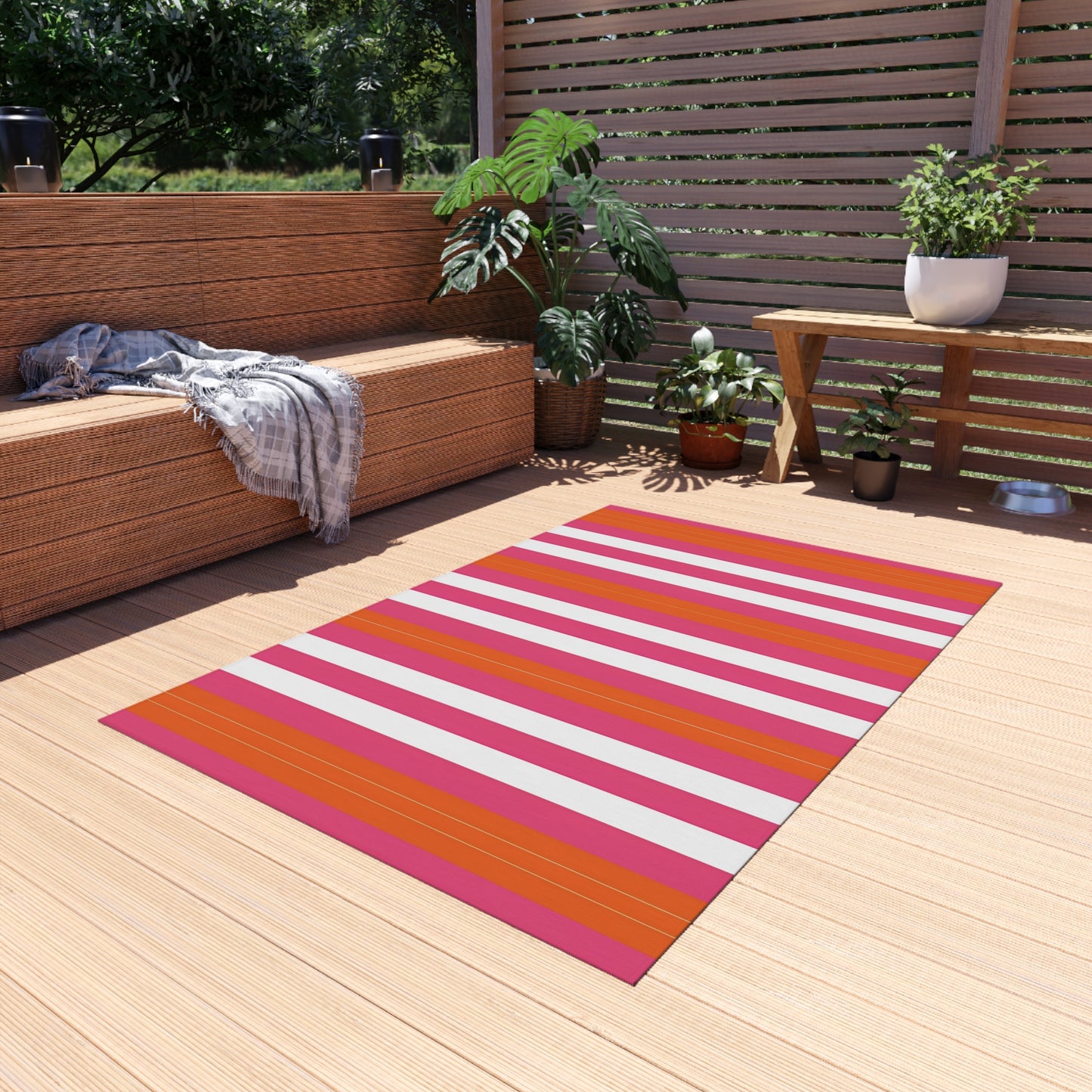 Bright Pink Orange Stripe Outdoor/Indoor Rug | Patio Mat, Weatherproof