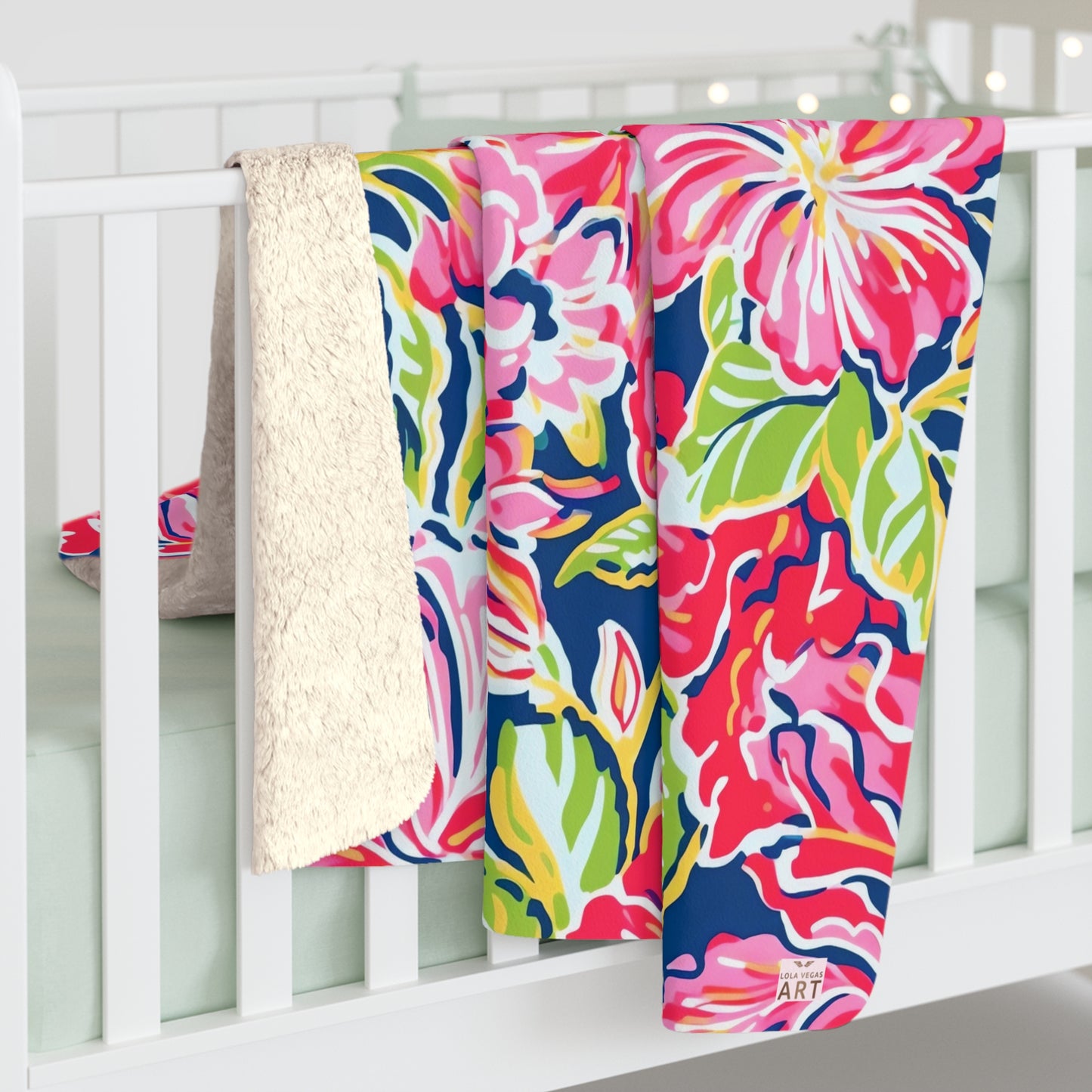Tropical Floral Pattern Sherpa Fleece Blanket | Red Pink Green Hibiscus Print