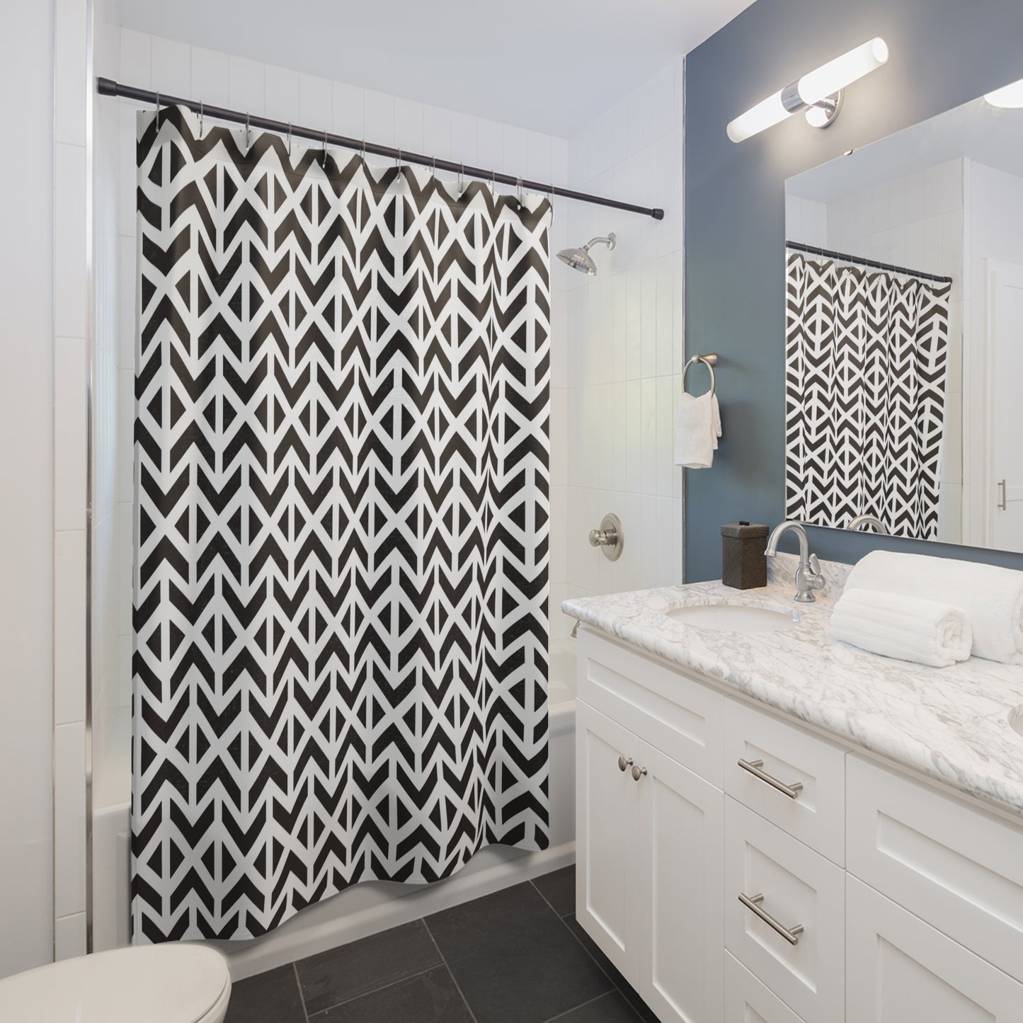 Black White Chevron Geometric Shower Curtain | Modern Bathroom Decor