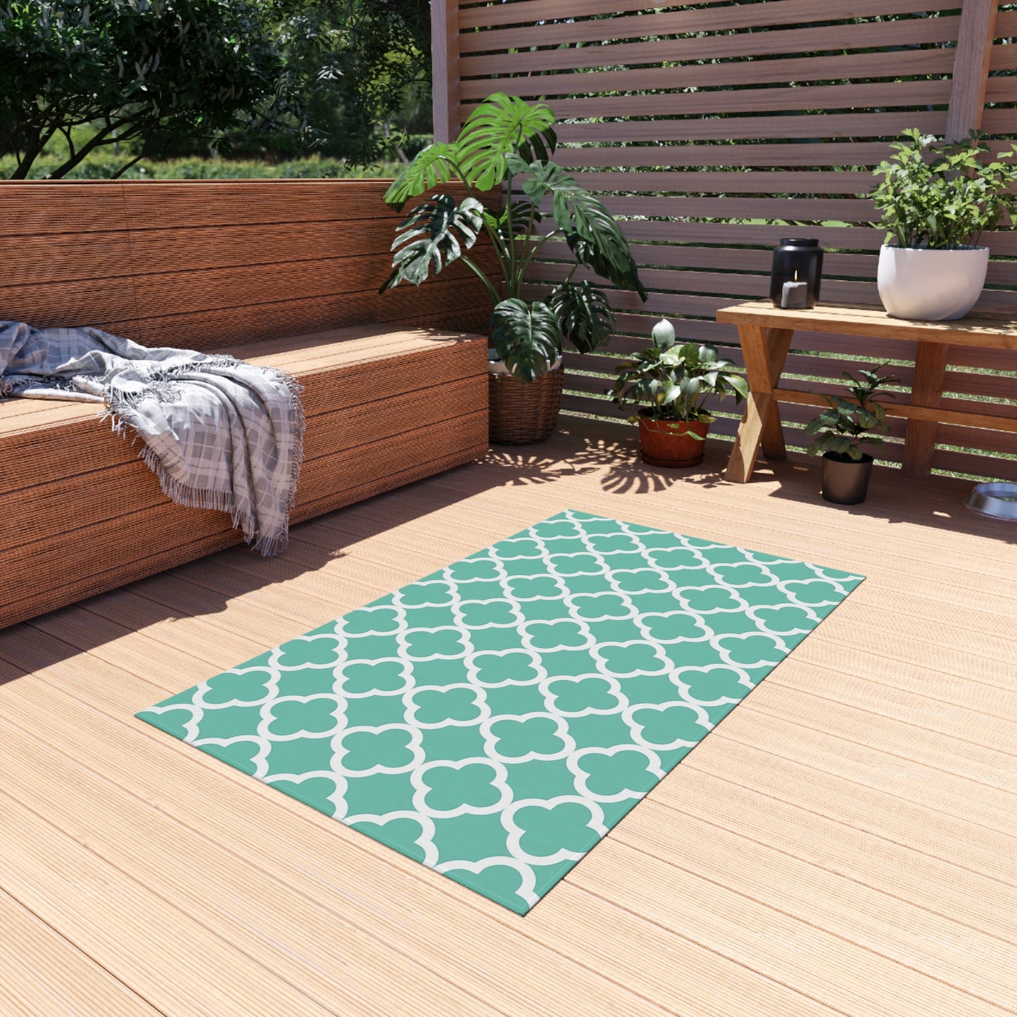 Teal Moroccan Trellis Outdoor/Indoor Rug | Geometric Patio Mat