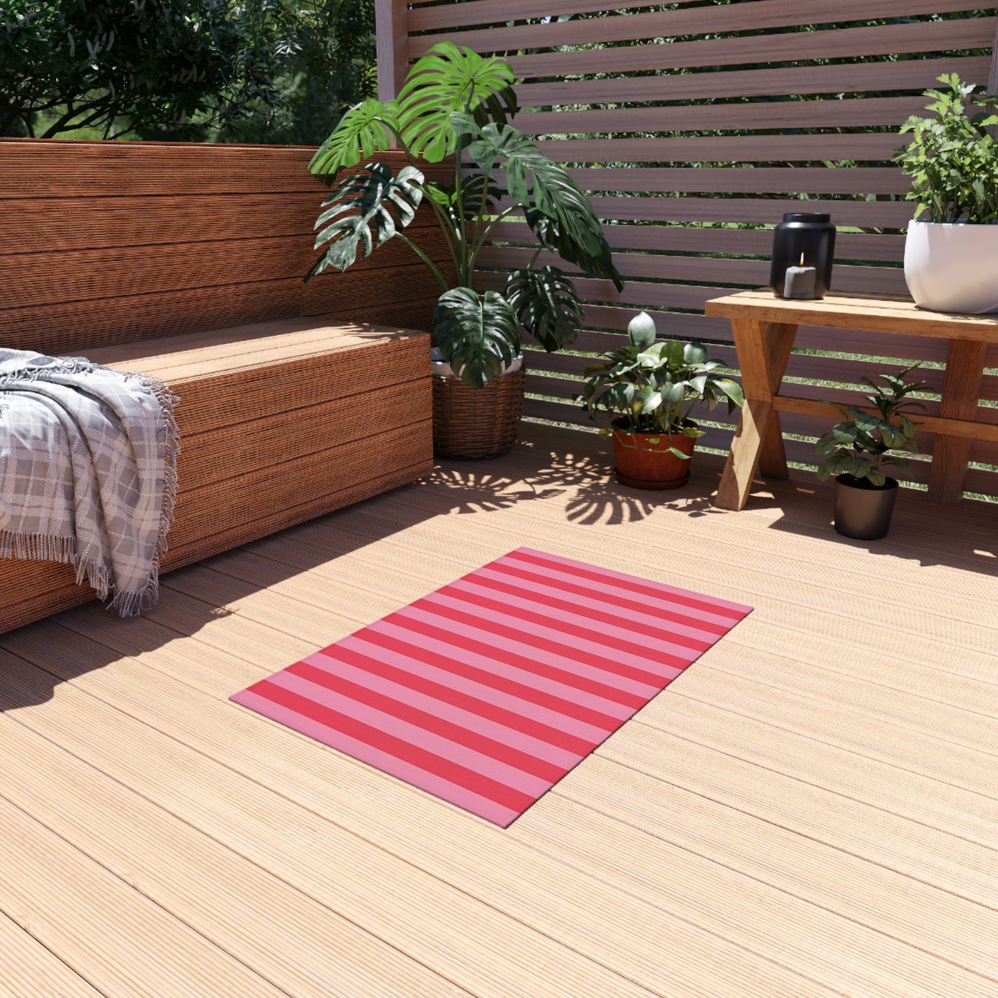 Light Pink and Watermelon Pink Stripe Outdoor Rug | Patio Mat, Water-Resistant Porch Rug