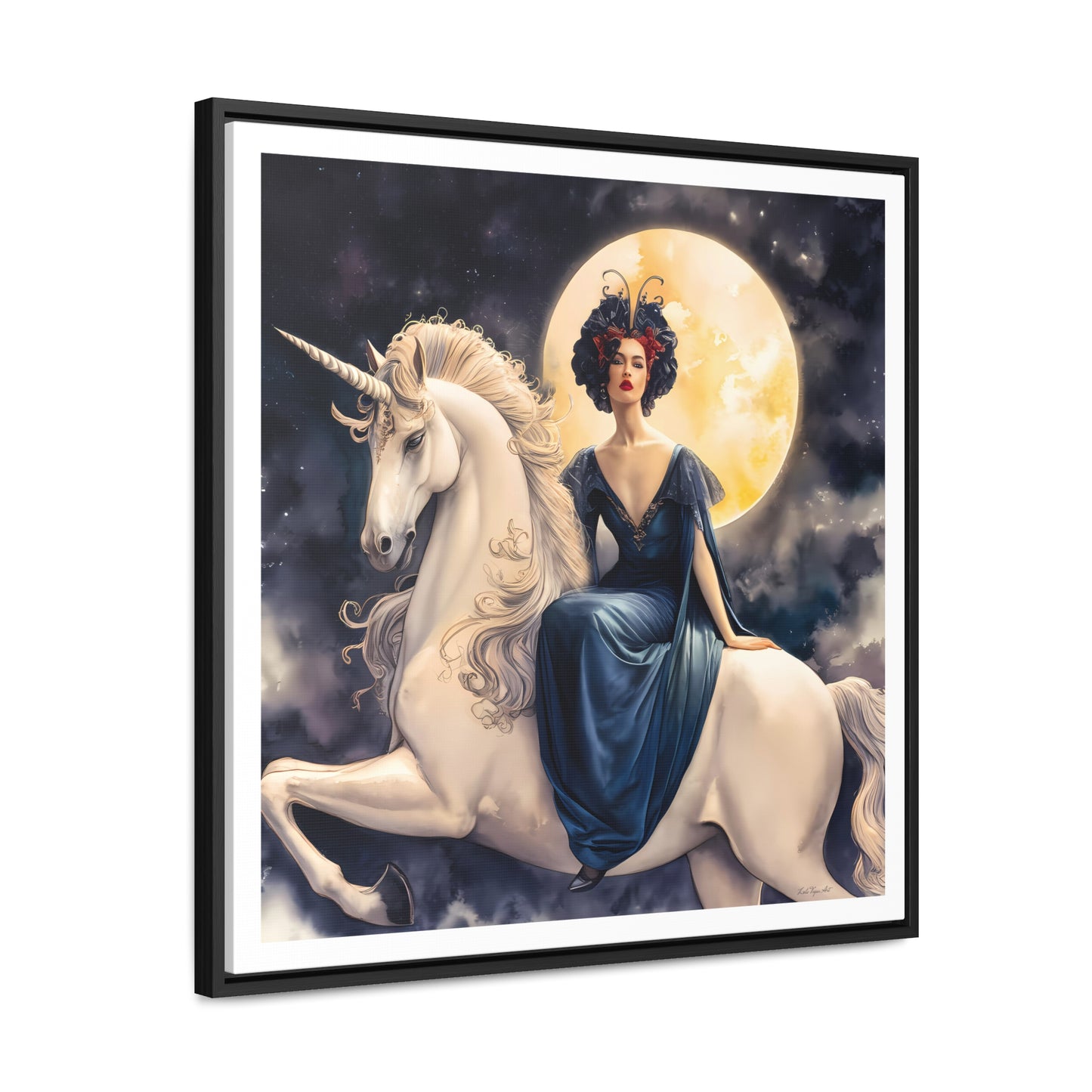 Square Framed Canvas Wall Art, Art Nouveau Style Red-Haired Woman Riding Unicorn Under Full Moon, Fantasy Decor, Magical Night, Gallery