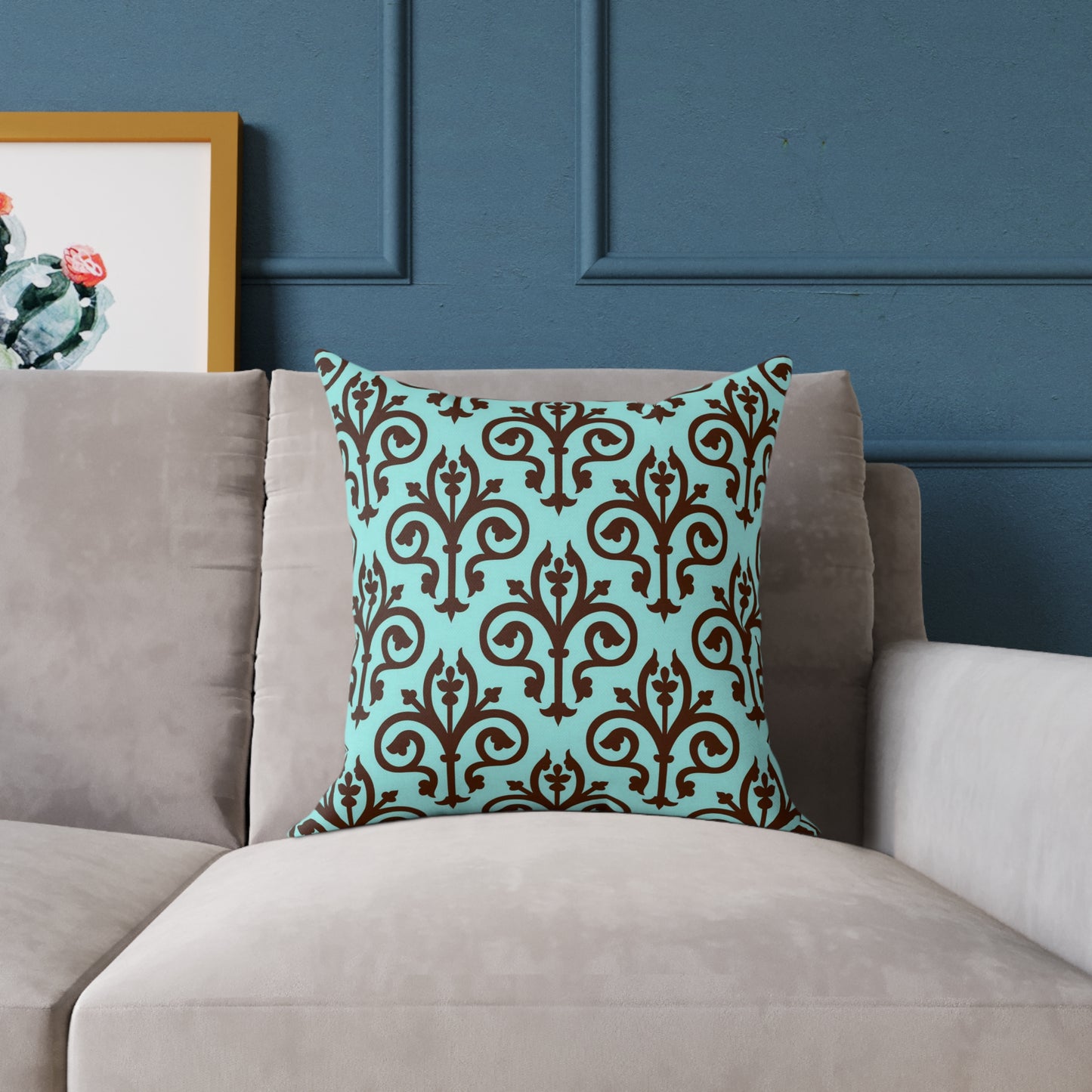 Turquoise Brown Damask Square Pillow | Decorative Throw Pillow