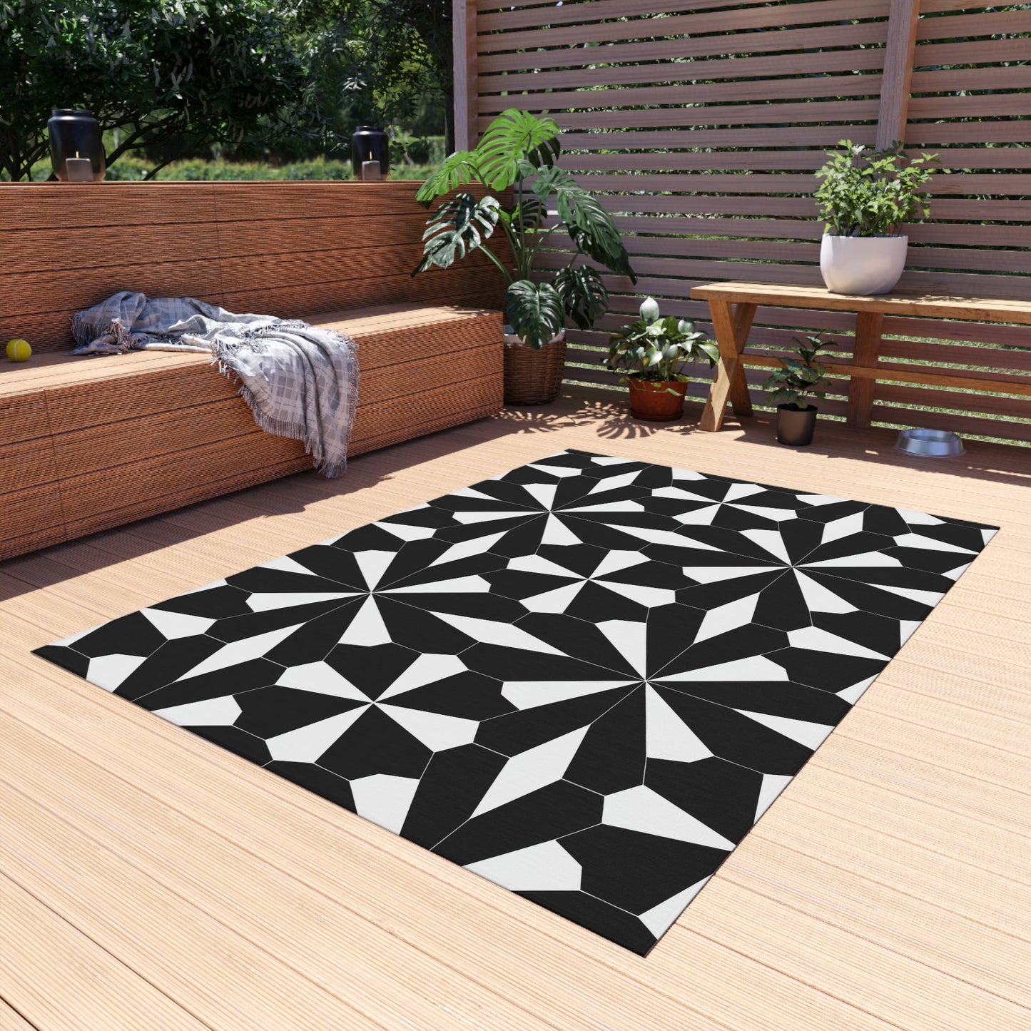 Geometric Black White Tile Pattern Outdoor/Indoor Rug | Modern Patio Mat