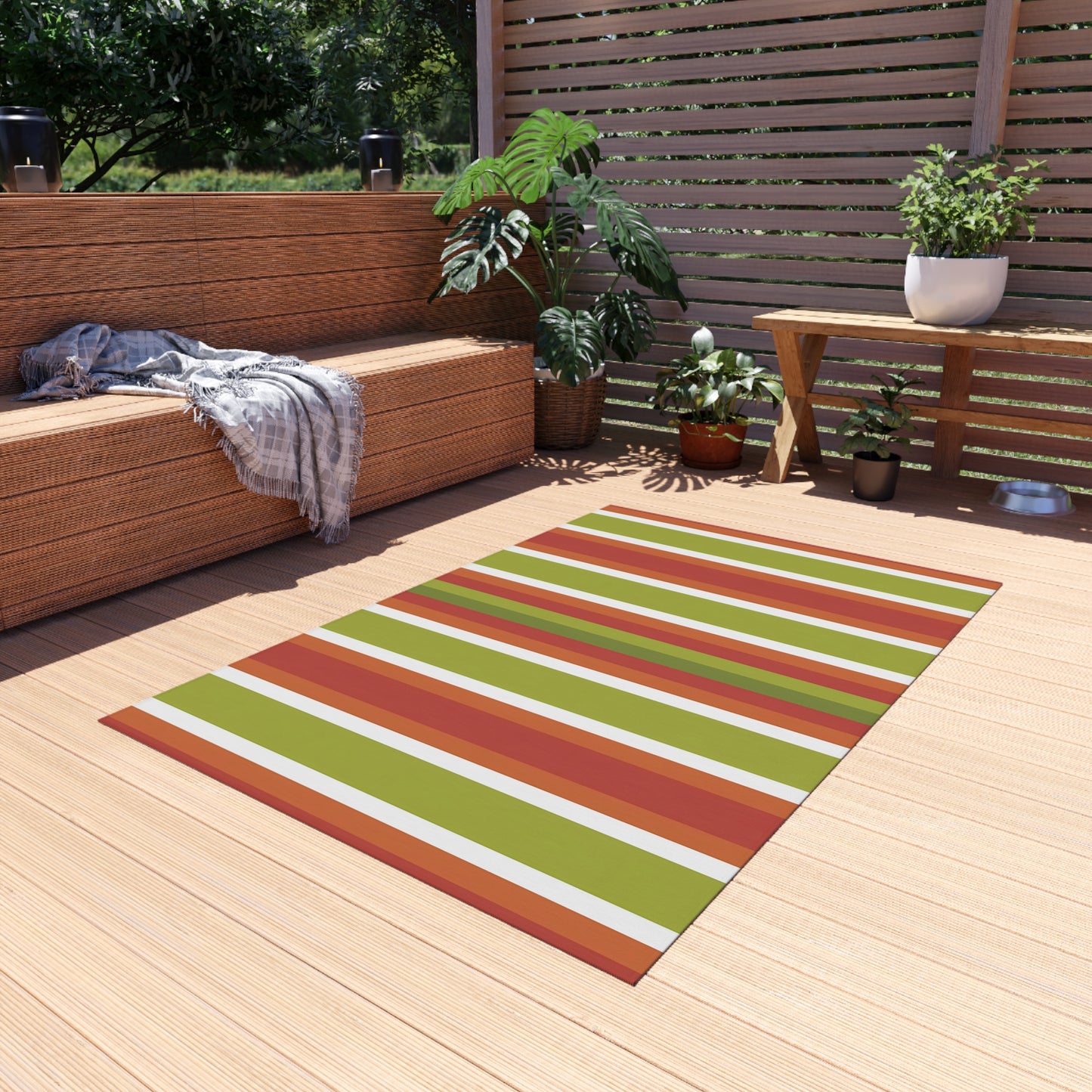 Green Orange White Stripe Outdoor Rug | Patio Door Mat, Weatherproof Porch Runner