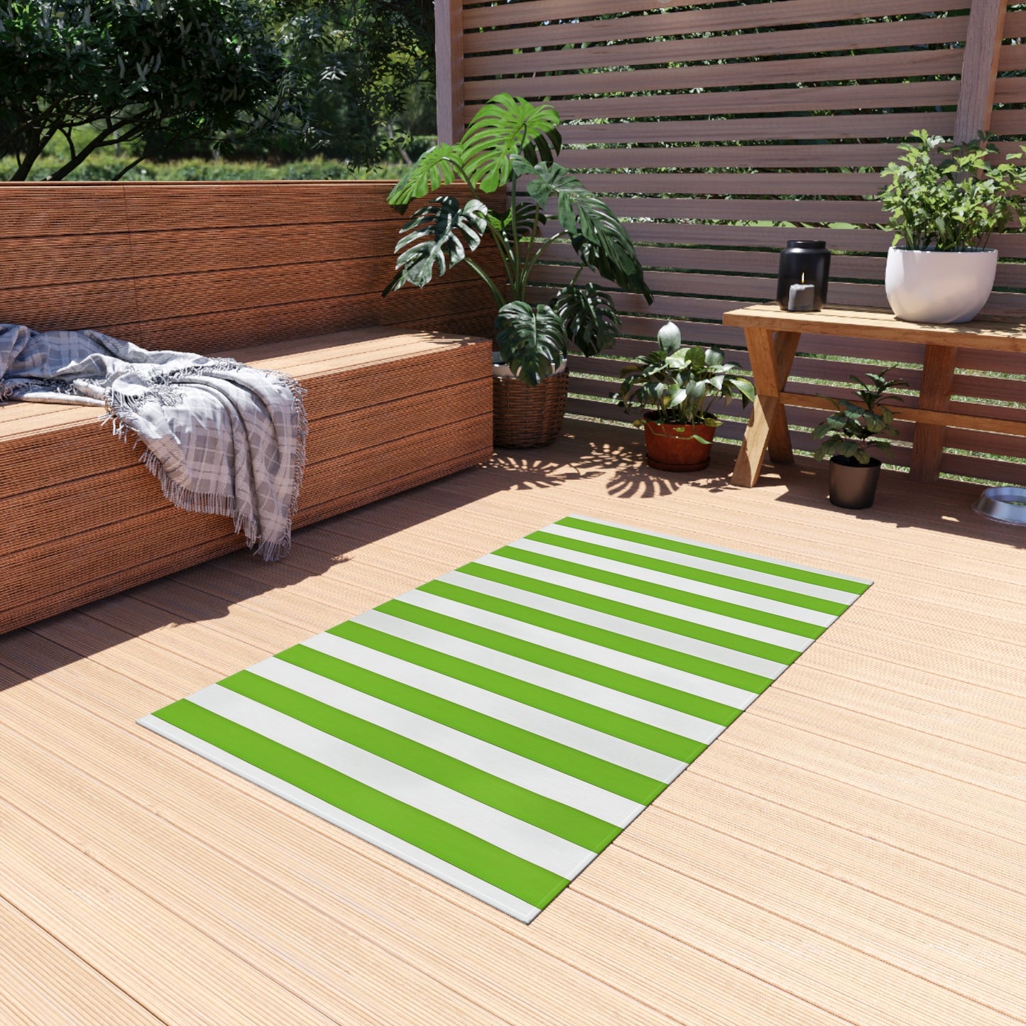 Green and White Striped Indoor/Outdoor Rug | Patio Mat, Weather-Resistant Flooring