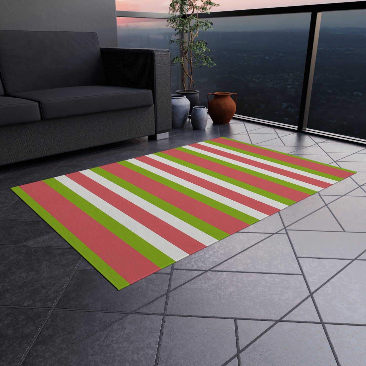 Striped Medium Pink Green White Outdoor/Indoor Rug | Patio Deck Mat