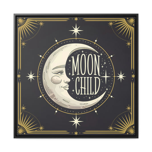 Canvas Wall Art, Moon Child Square Frame, Vintage Retro Mystic Home Decor, Black Gold Moon Typography, Gallery Wraps, Unique Gift, Wall