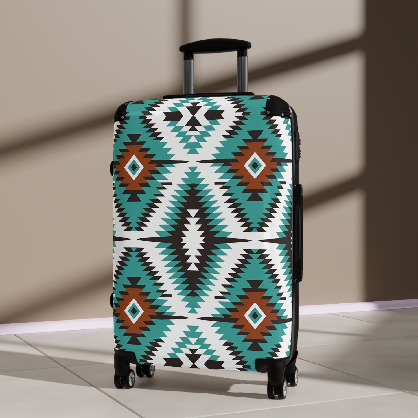 Southwestern Aztec Pattern Suitcase | Turquoise Brown Geometric Luggage