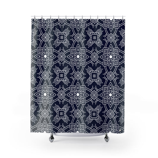 Navy Geometric Mandala Shower Curtain | Boho Tile Pattern