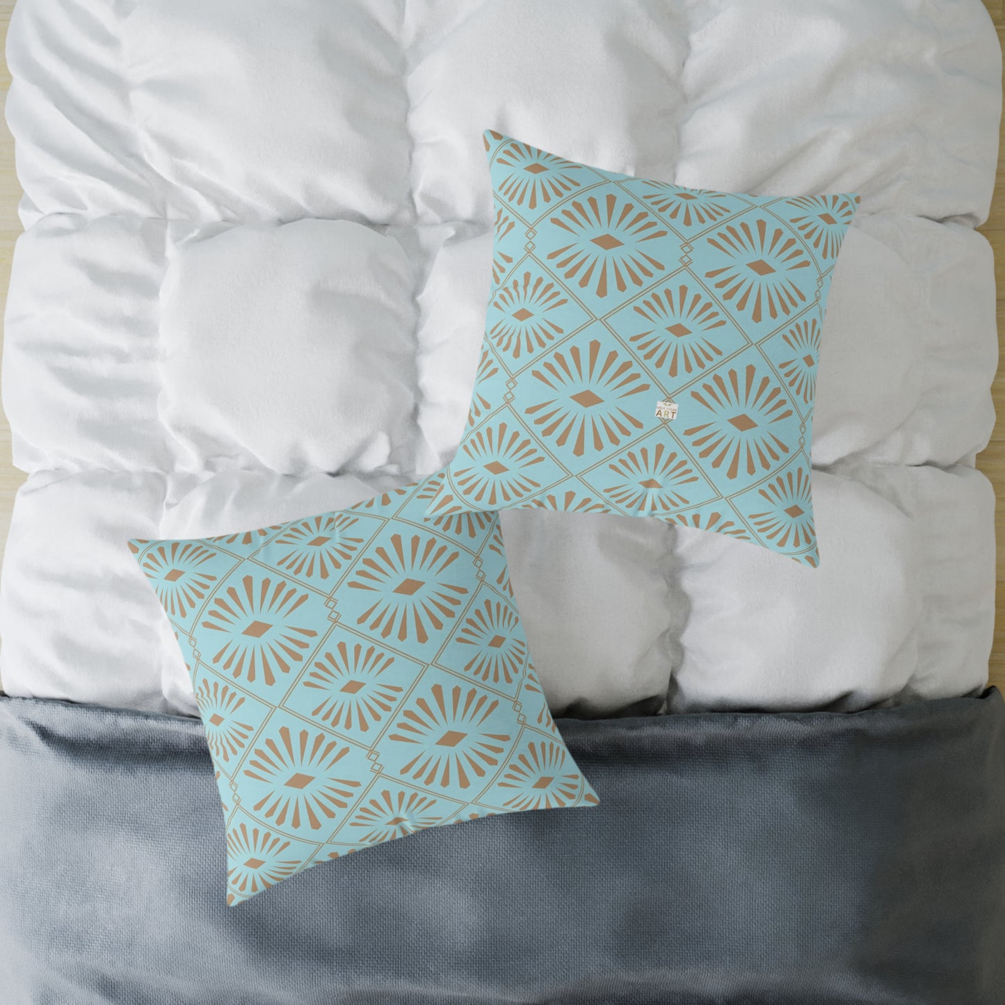 Dark Gold Geometric Fan Pattern Square Poly Canvas Pillow | Turquoise Throw Pillow