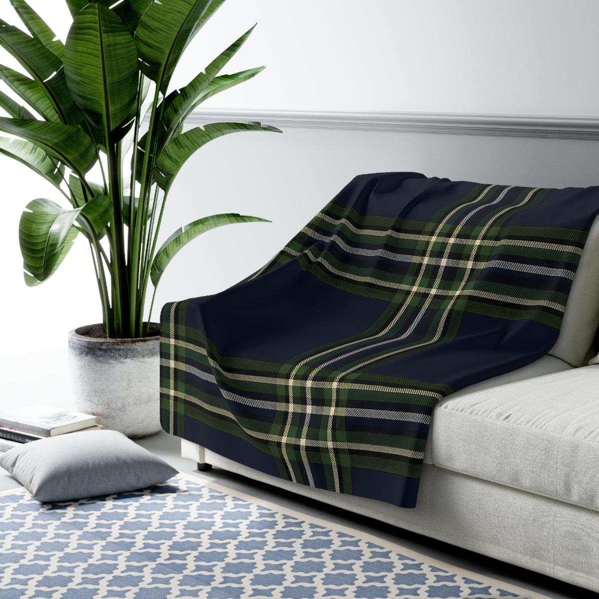 Navy Green Yellow White Tartan Plaid Sherpa Blanket | Cozy Fleece Throw