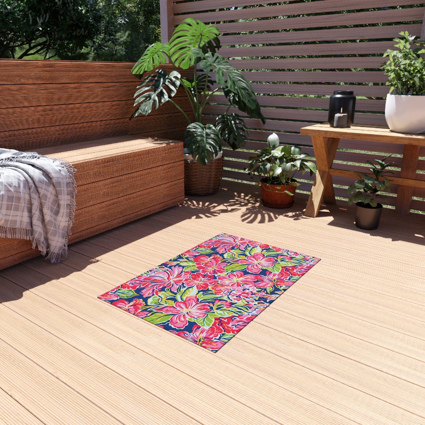 Pink Tropical Floral Indoor/Outdoor Rug | Hibiscus Pattern Patio Mat