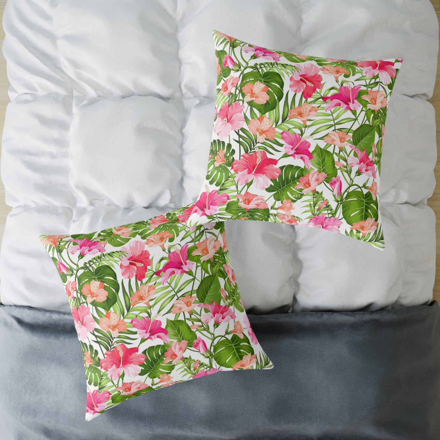 Pink Tropical Hibiscus Floral Square Pillow | Botanical Throw Cushion