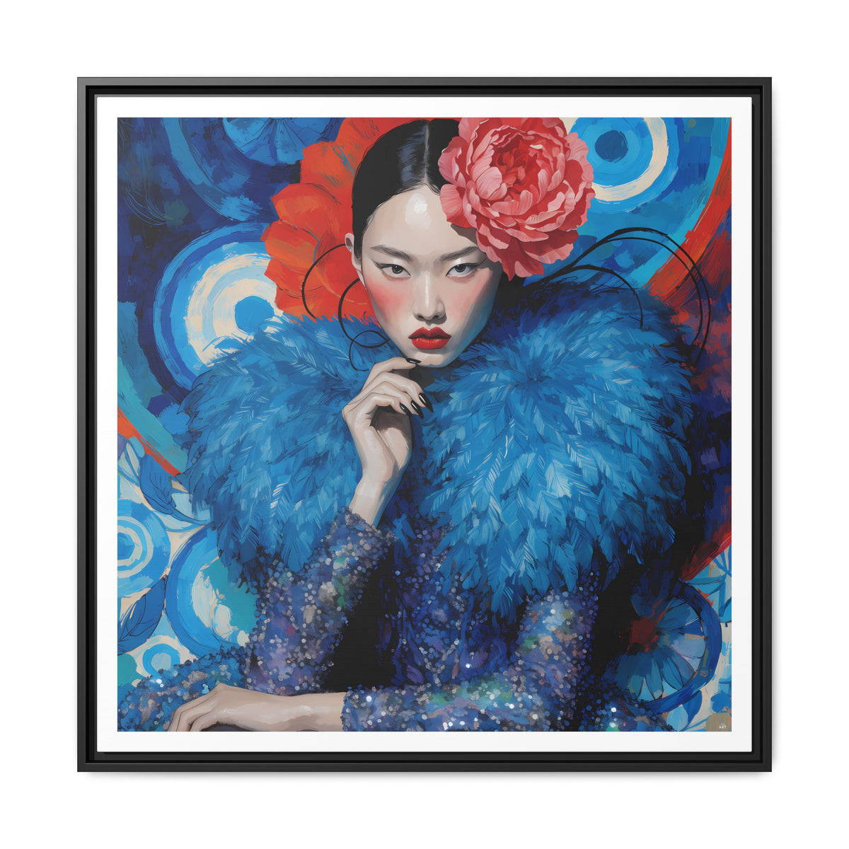 Floral-Femme Asian Woman Portrait Matte Canvas Framed Wall Art | Colorful Fashion Illustration