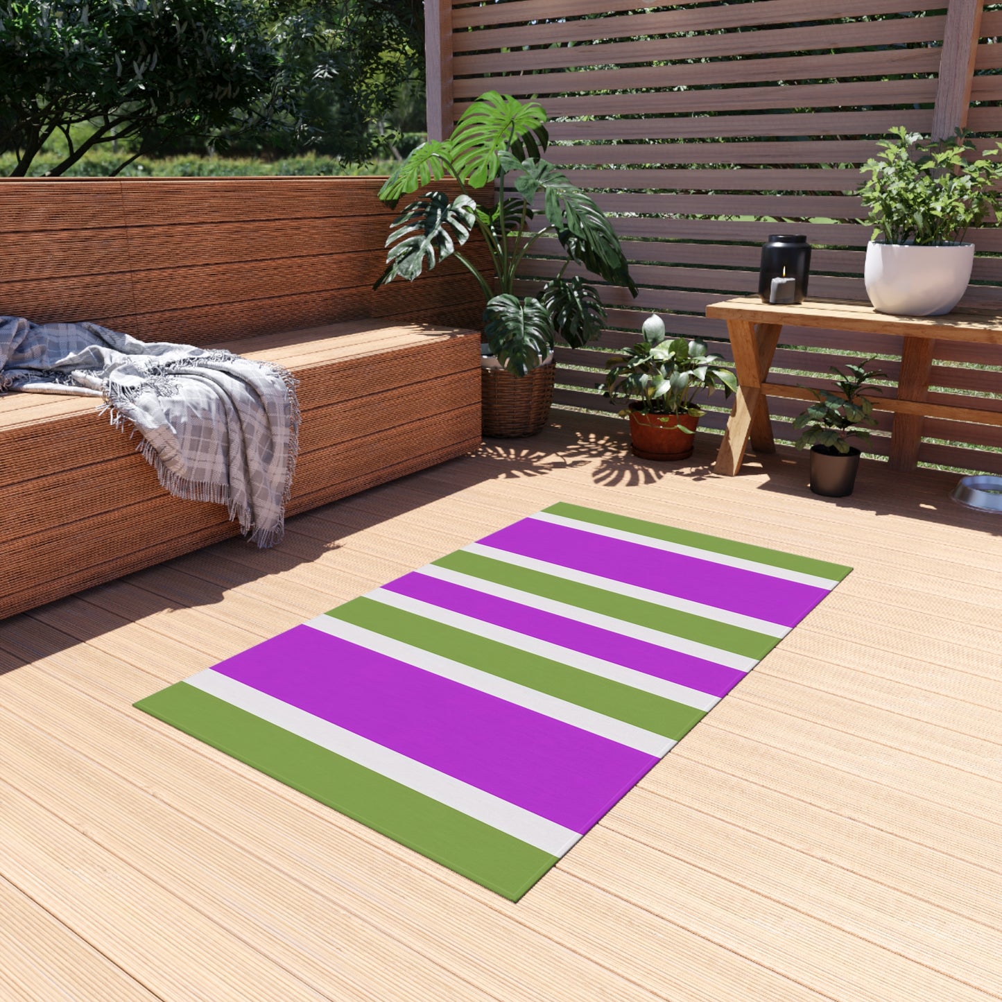 Magenta and Green Striped Outdoor Rug | Patio Mat, Weatherproof Stripe Design