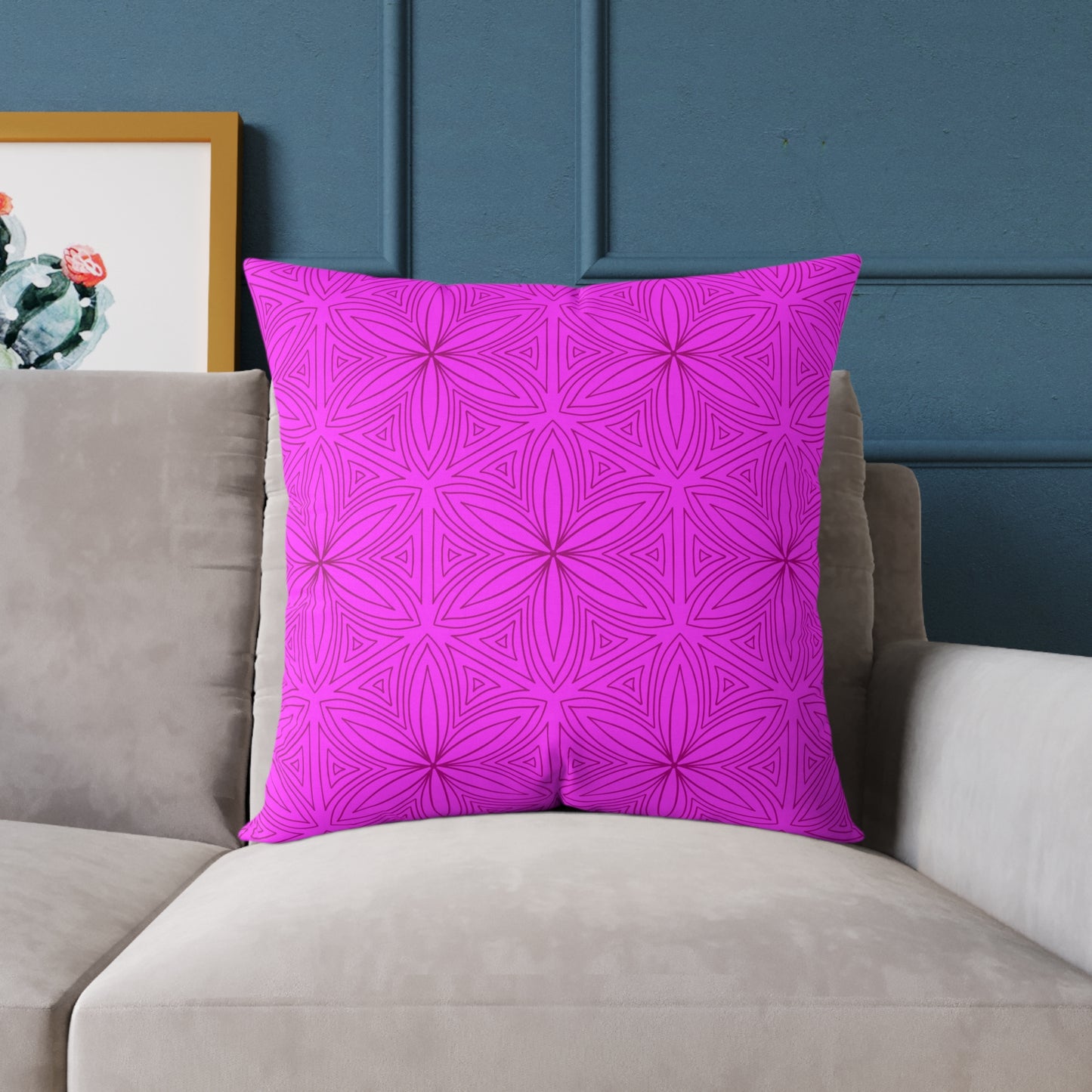 Geometric Fuchsia Pink Floral Pattern Pillow | Square Poly Canvas Pillow