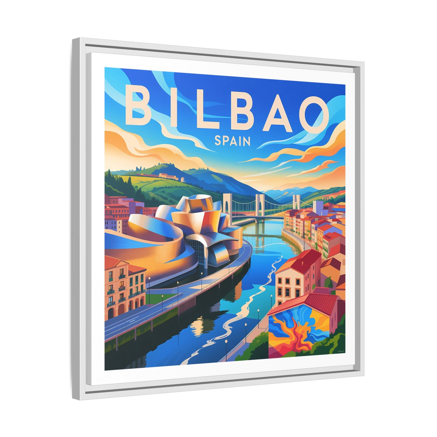 Bilbao Spain travel art Matte Canvas Framed | Bilbao cityscape wall art
