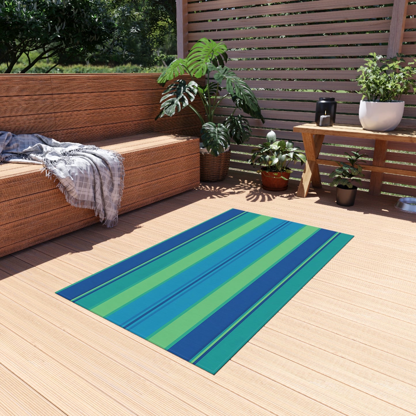 Blue Green Striped Outdoor Rug | Indoor Rug