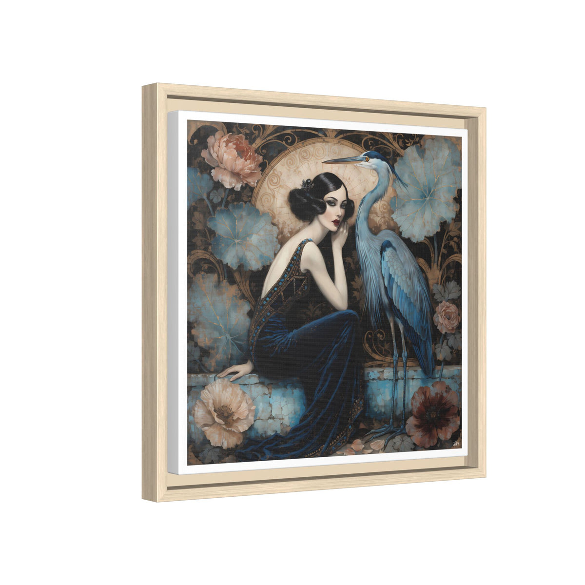 Art Deco Lady with Blue Heron Framed Canvas Wall Art
