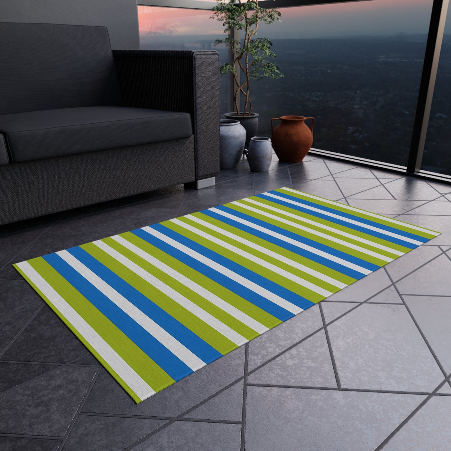 Blue Green White Striped Outdoor/Indoor Rug | Patio Mat, Weatherproof Poolside Runner