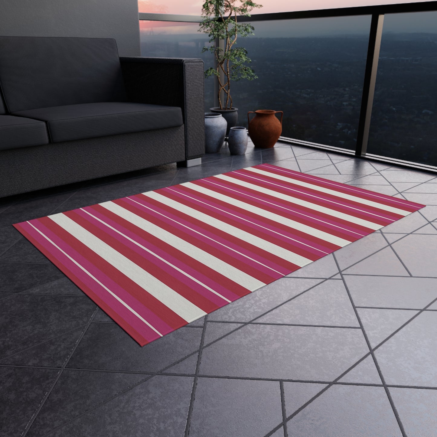 Red Pink White Stripe Outdoor Rug | Patio Floor Mat, Weatherproof Stripe Design