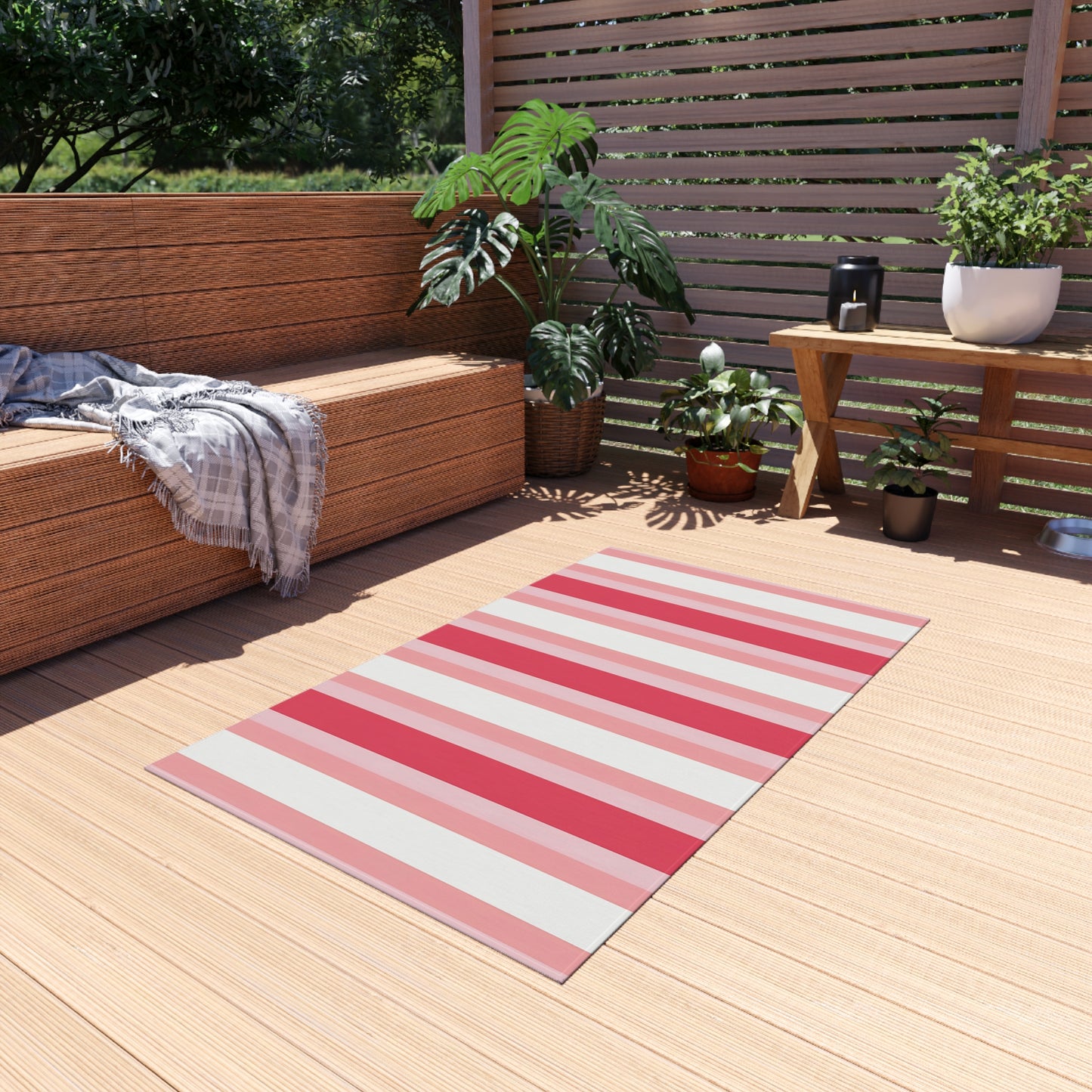 Pink White Striped Outdoor/Indoor Rug | Patio Mat, Red and Blush Stripes