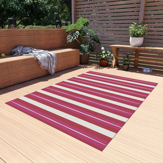 Red Pink White Stripe Outdoor Rug | Patio Floor Mat, Weatherproof Stripe Design