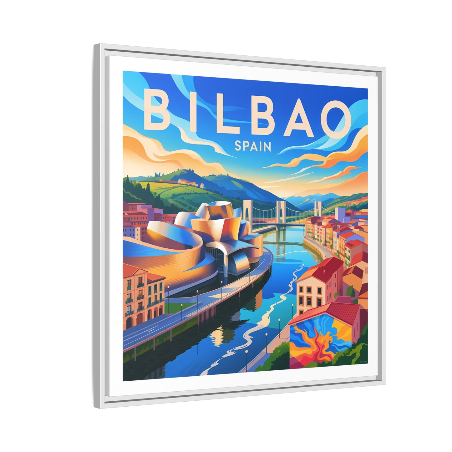 Bilbao Spain travel art Matte Canvas Framed | Bilbao cityscape wall art