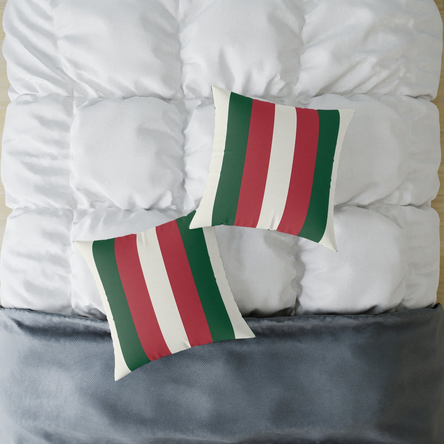 Green Red White Stripe Pillow | Square Poly Canvas Pillow