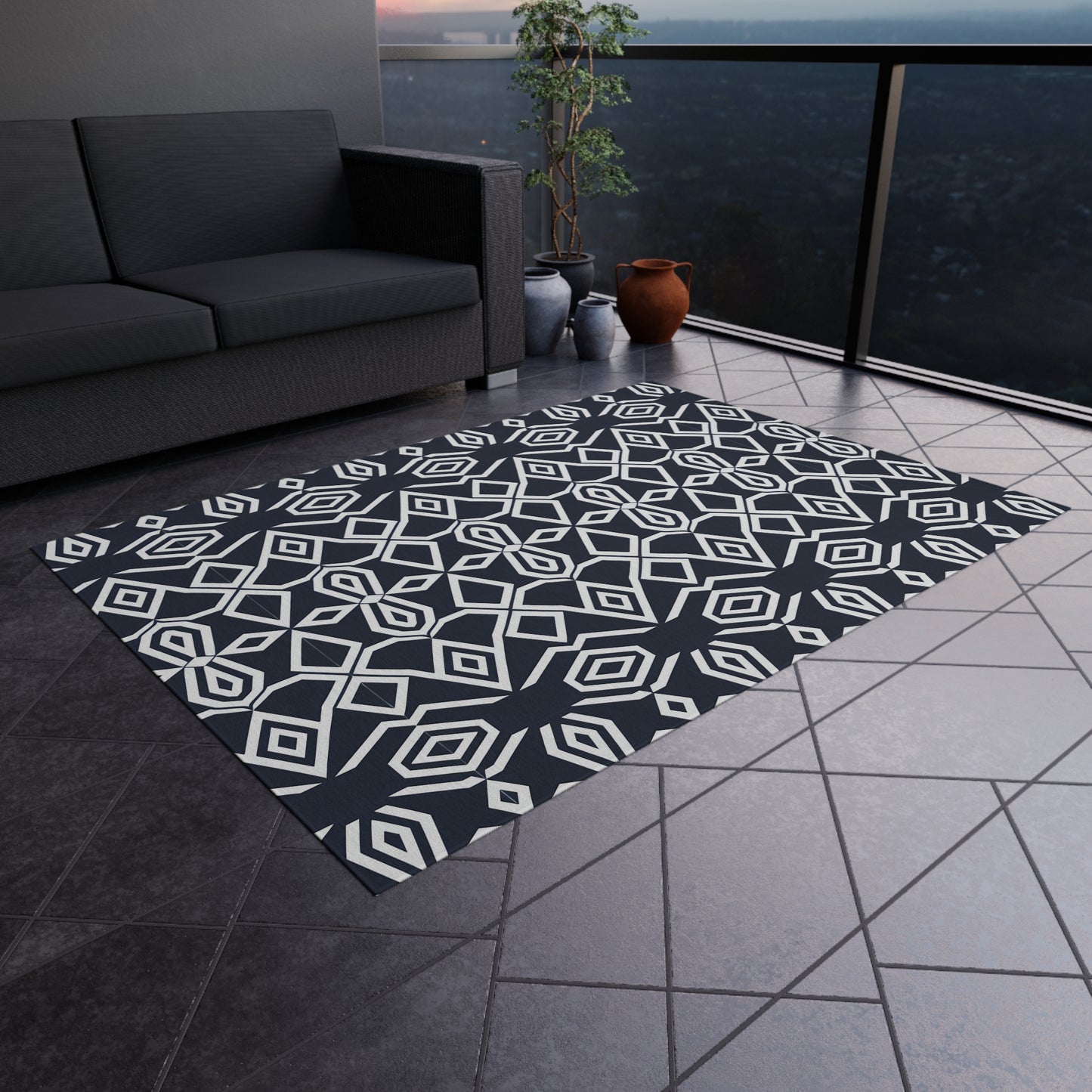 Geometric Diamond Pattern Outdoor/Indoor Rug | Navy White Tribal Design