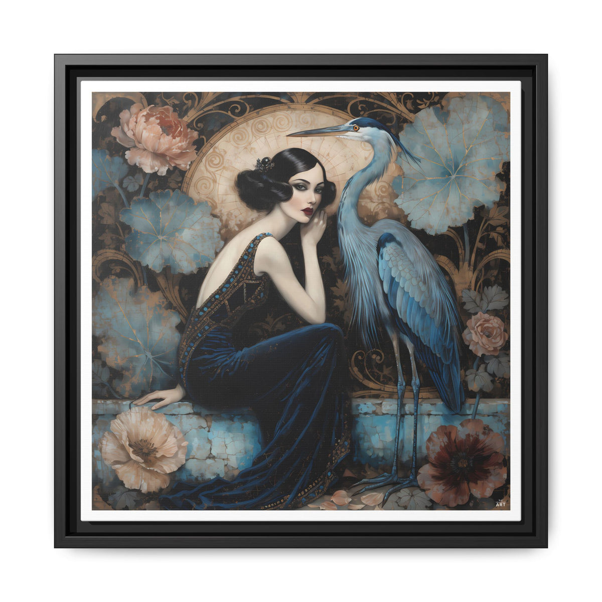 Art Deco Lady with Blue Heron Framed Canvas Wall Art