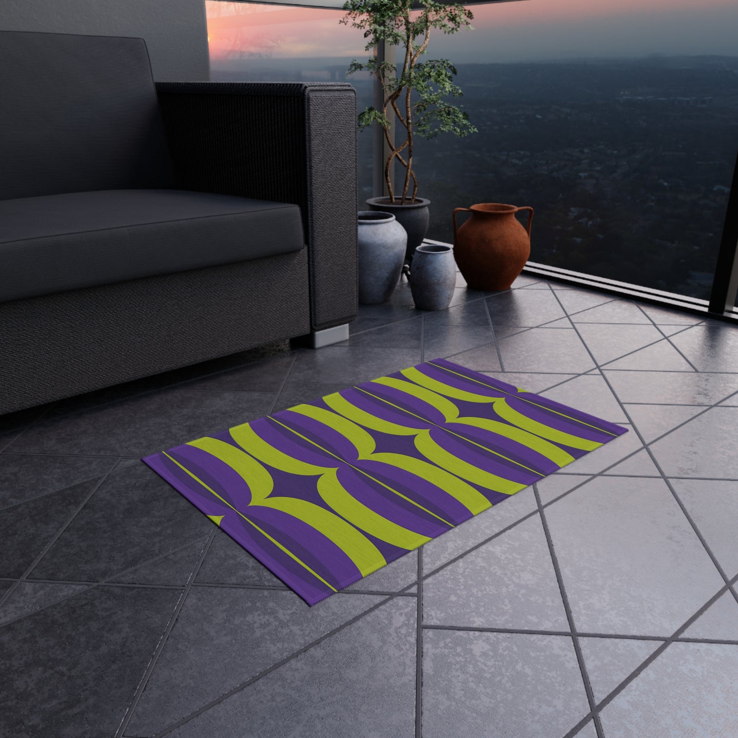 Green and Purple Mid-Century Geometric Outdoor/Indoor Rug | Retro Pattern Patio Mat