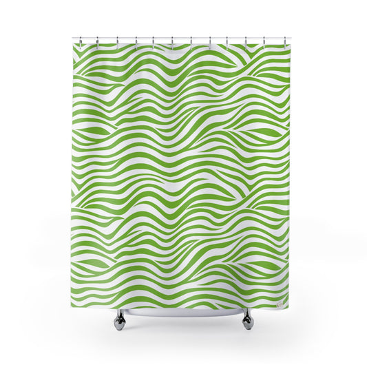 Green Wavy Stripes Shower Curtain | Abstract Wave Pattern, Tropical, Beachy Bathroom Decor