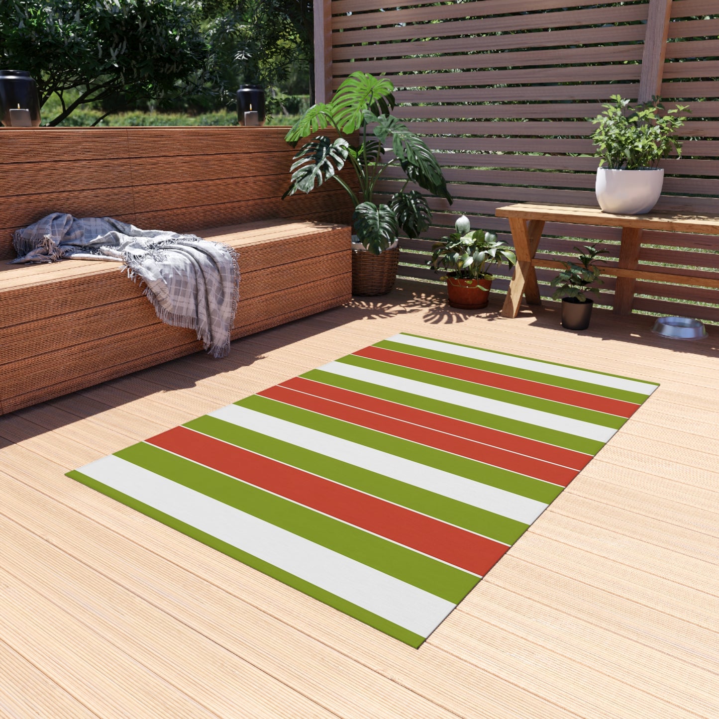 Green Red White Striped Outdoor/Indoor Rug | Patio Door Mat
