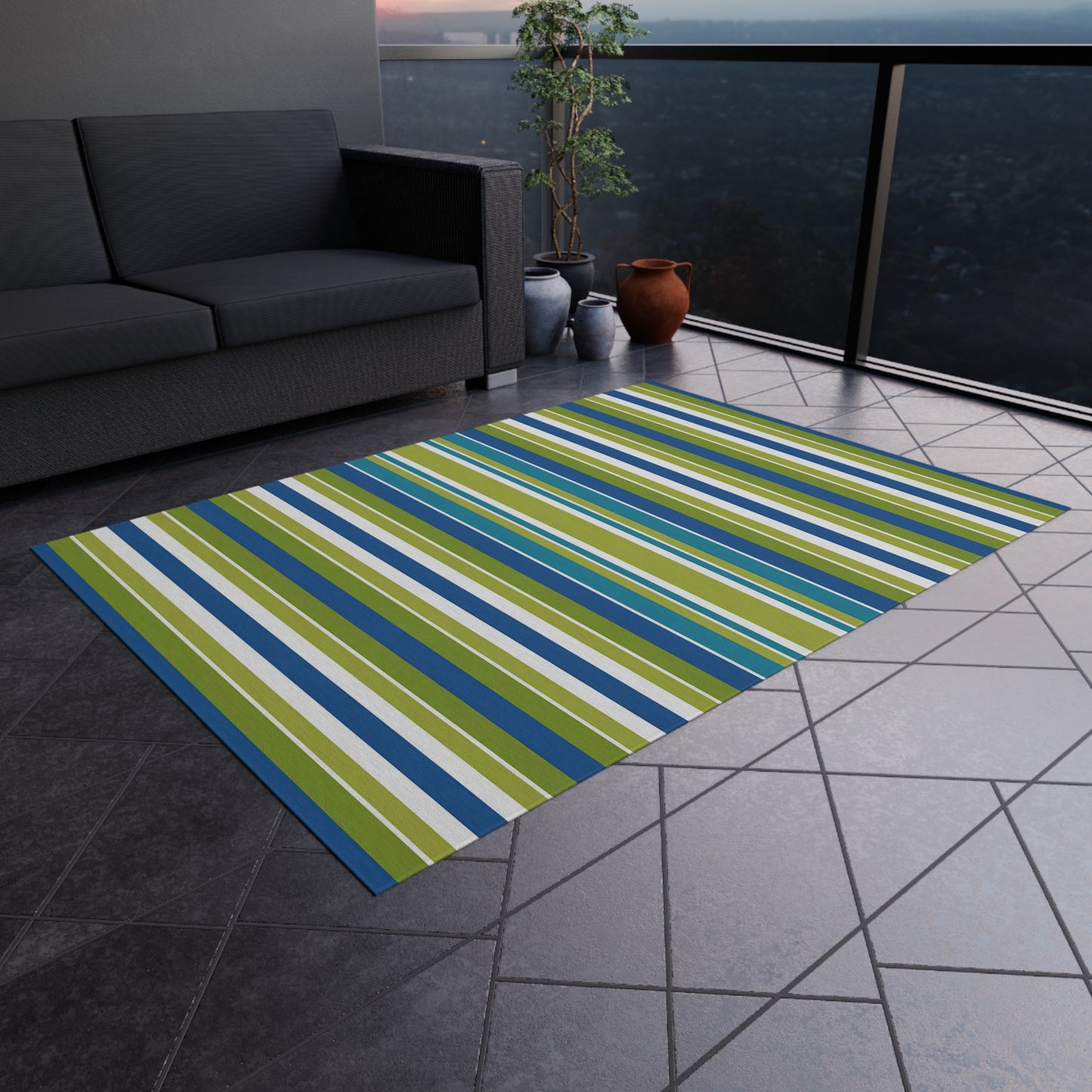 Blue Green White Stripe Outdoor/Indoor Rug | Patio Mat, Weather-Resistant