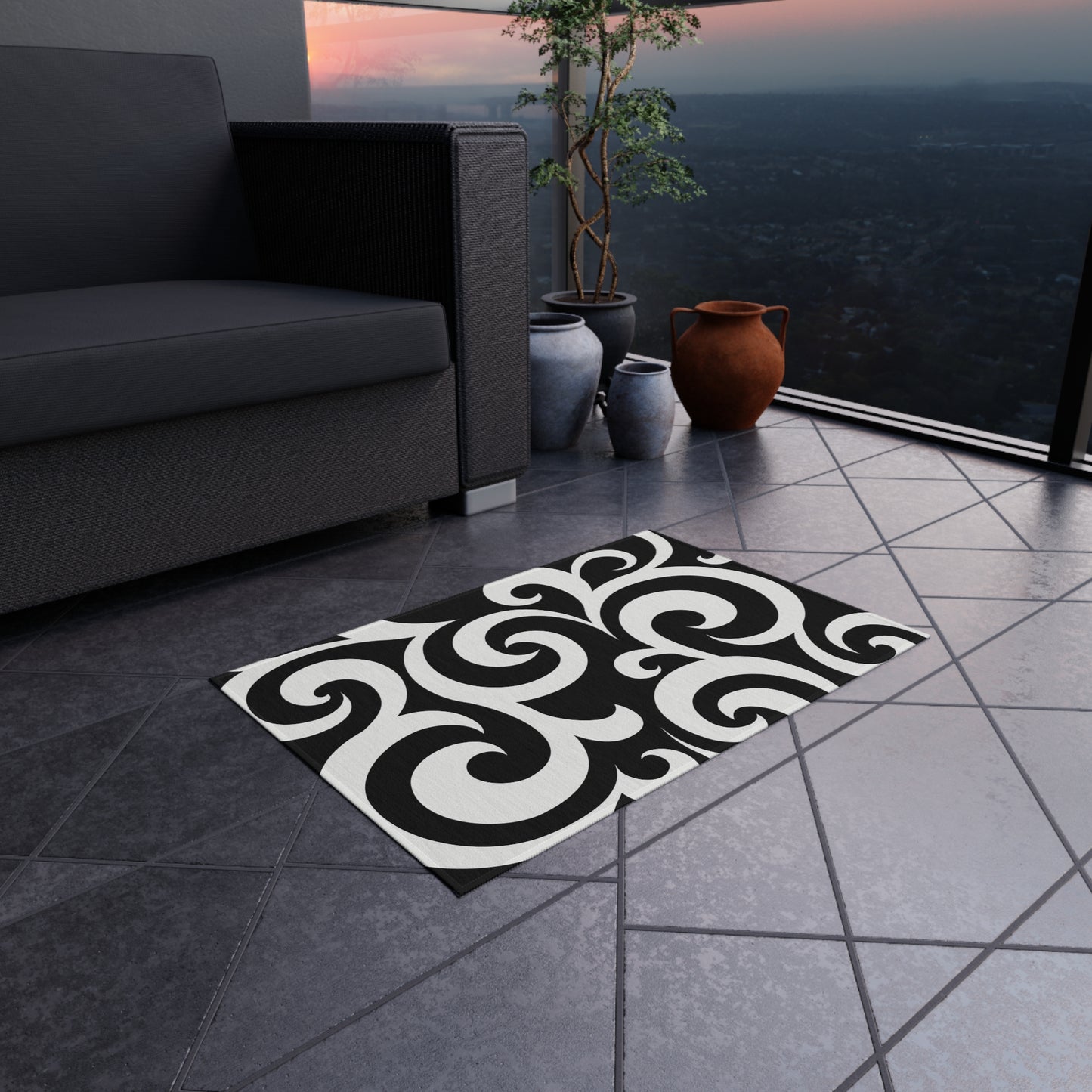 Black White Swirl Pattern Outdoor Rug | Modern Scroll Patio Mat