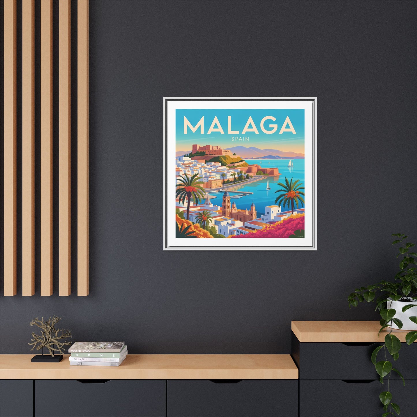 Malaga Spain Coastal  Matte Canvas Framed Wall Art| Vintage Style Travel Art