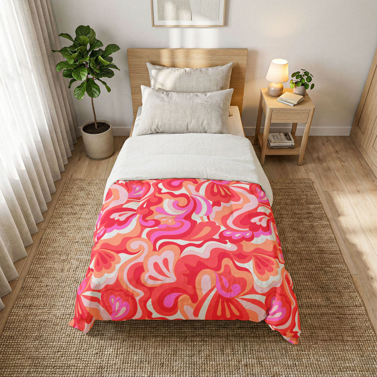 Retro Pink Red Orange Floral Swirl Cotton Comforter | Psychedelic Abstract Pattern