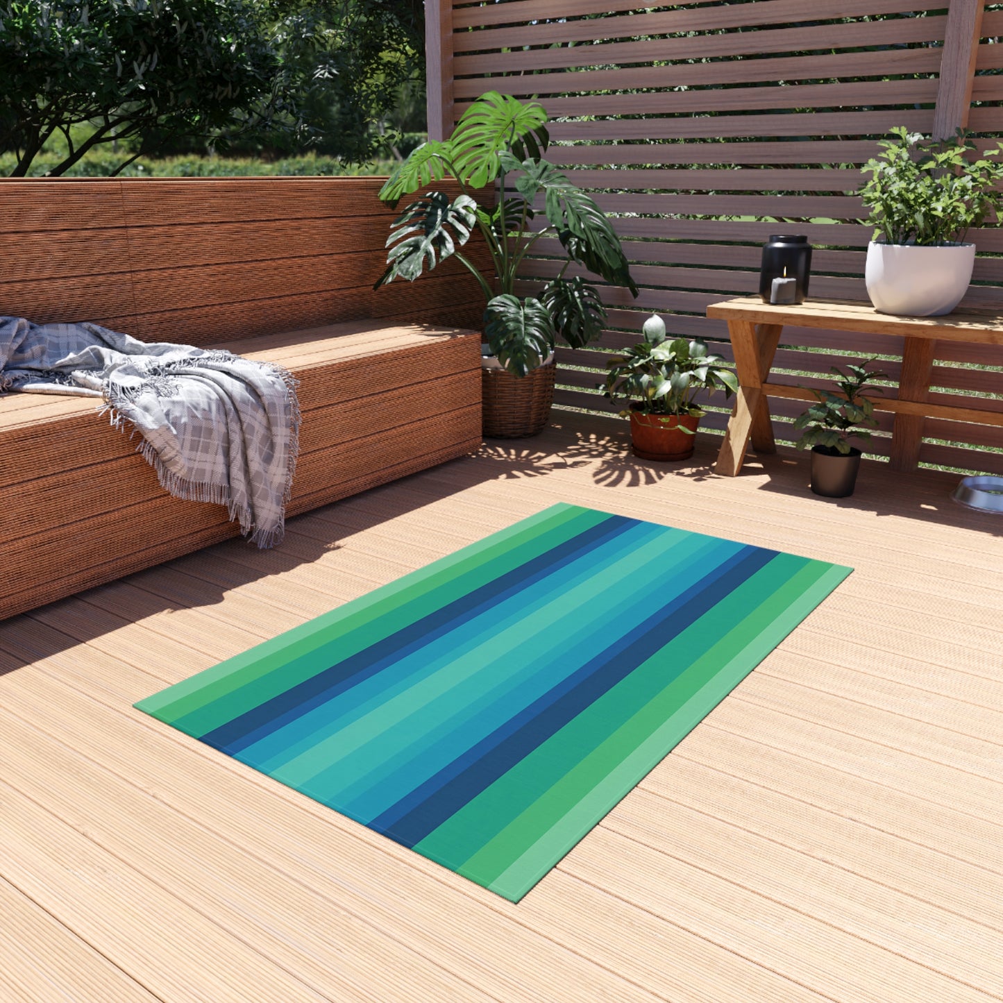 Blue Green Striped Outdoor/Indoor Rug | Patio Mat, Weather-Resistant Floor Covering