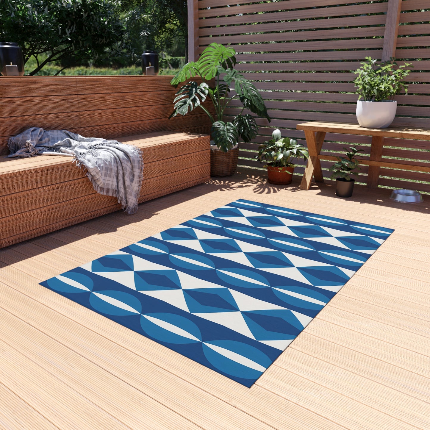 Blue White Geometric Pattern Outdoor Rug | Modern Diamond Stripe Patio Mat