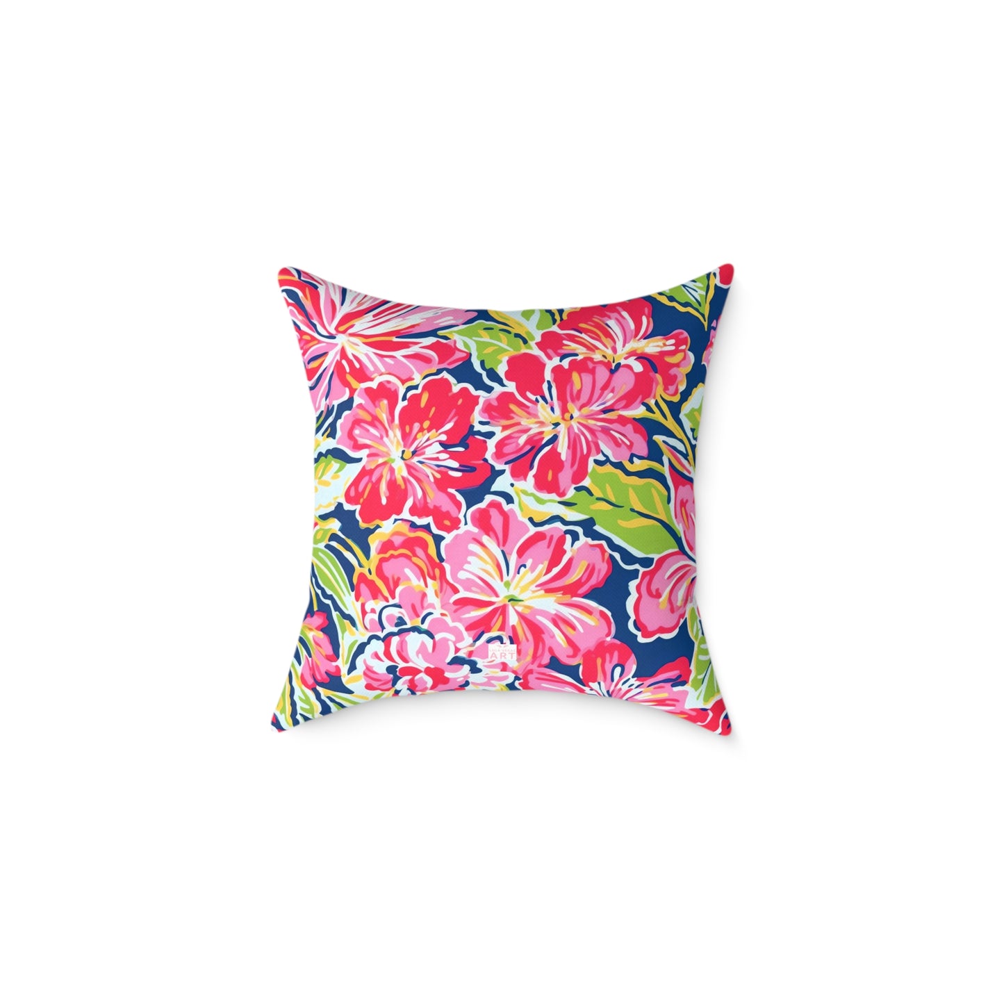 Pink Red Green Blue Tropical Hibiscus Floral Pillow | Square Poly Canvas Pillow