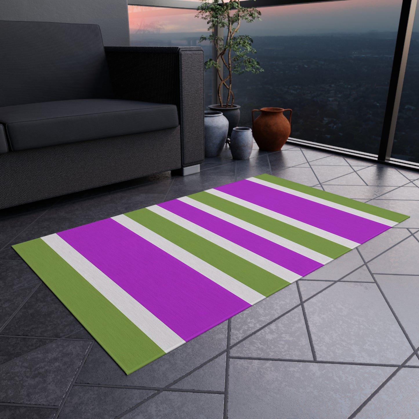 Magenta and Green Striped Outdoor Rug | Patio Mat, Weatherproof Stripe Design