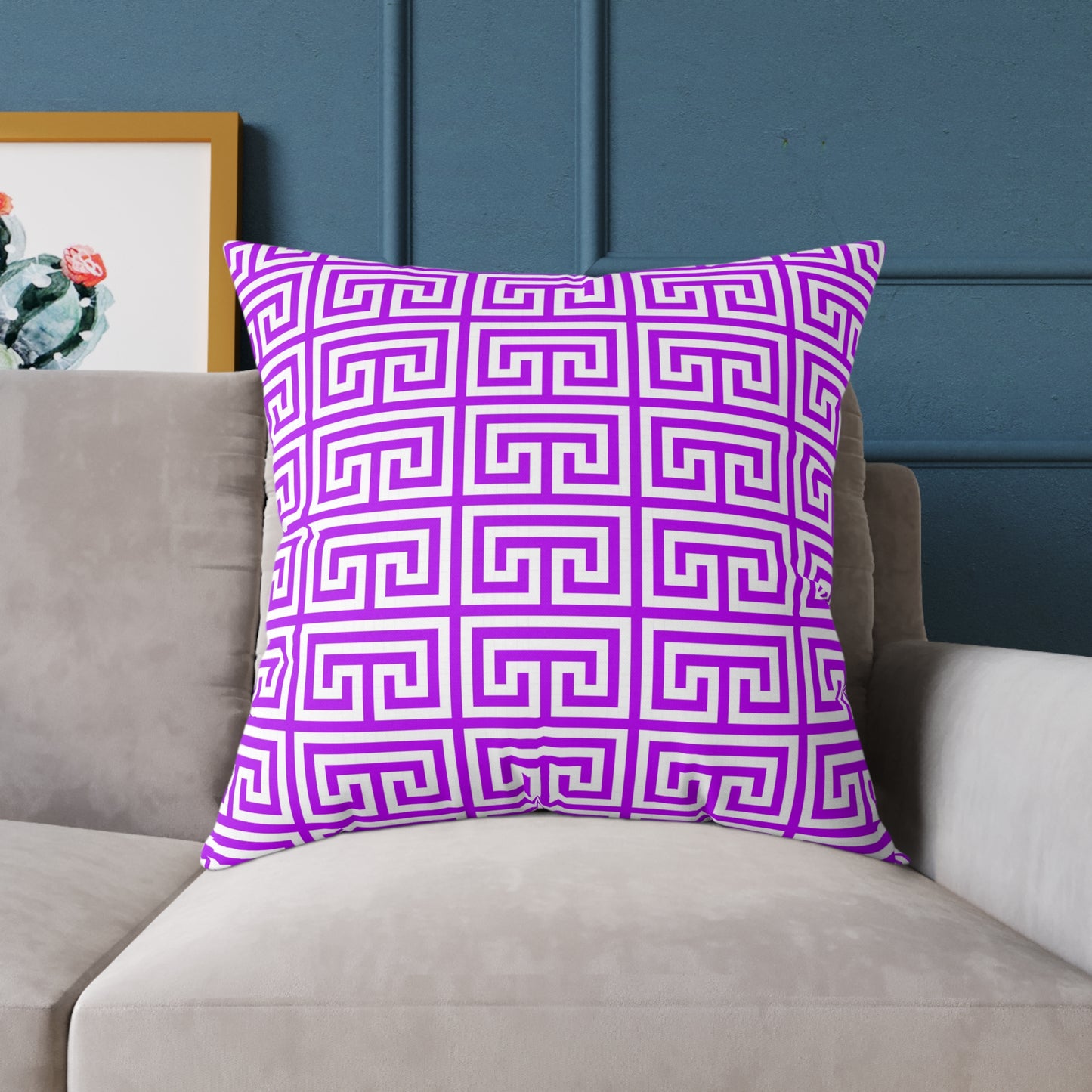 Geometric Purple White Greek Key Pattern Pillow | Square Poly Canvas Pillow