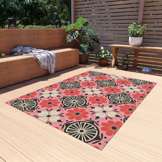 Pink, black and White Colorful Floral Outdoor/Indoor Rug, Garden Decor, Patio Mat, Boho Style Area Carpet, Eco-Friendly Home Accent - LOLA VEGAS ART