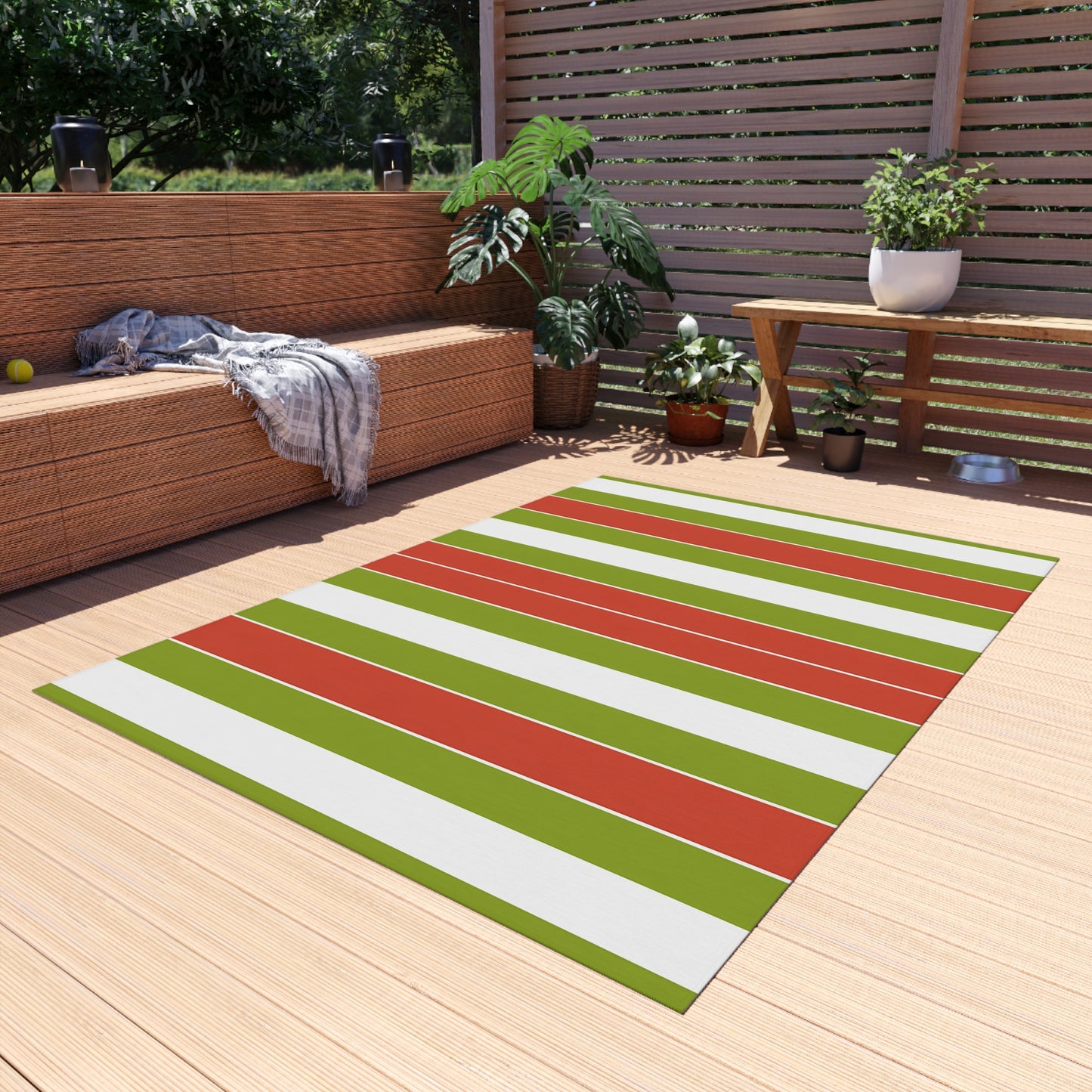 Green Red White Striped Outdoor/Indoor Rug | Patio Door Mat