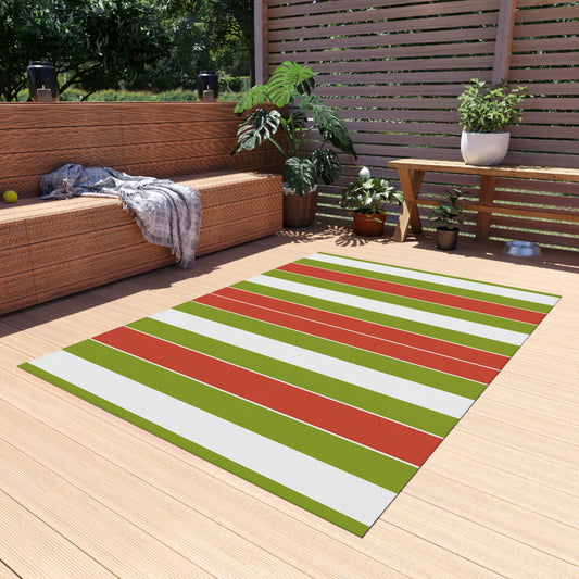 Green Red White Striped Outdoor/Indoor Rug | Patio Door Mat